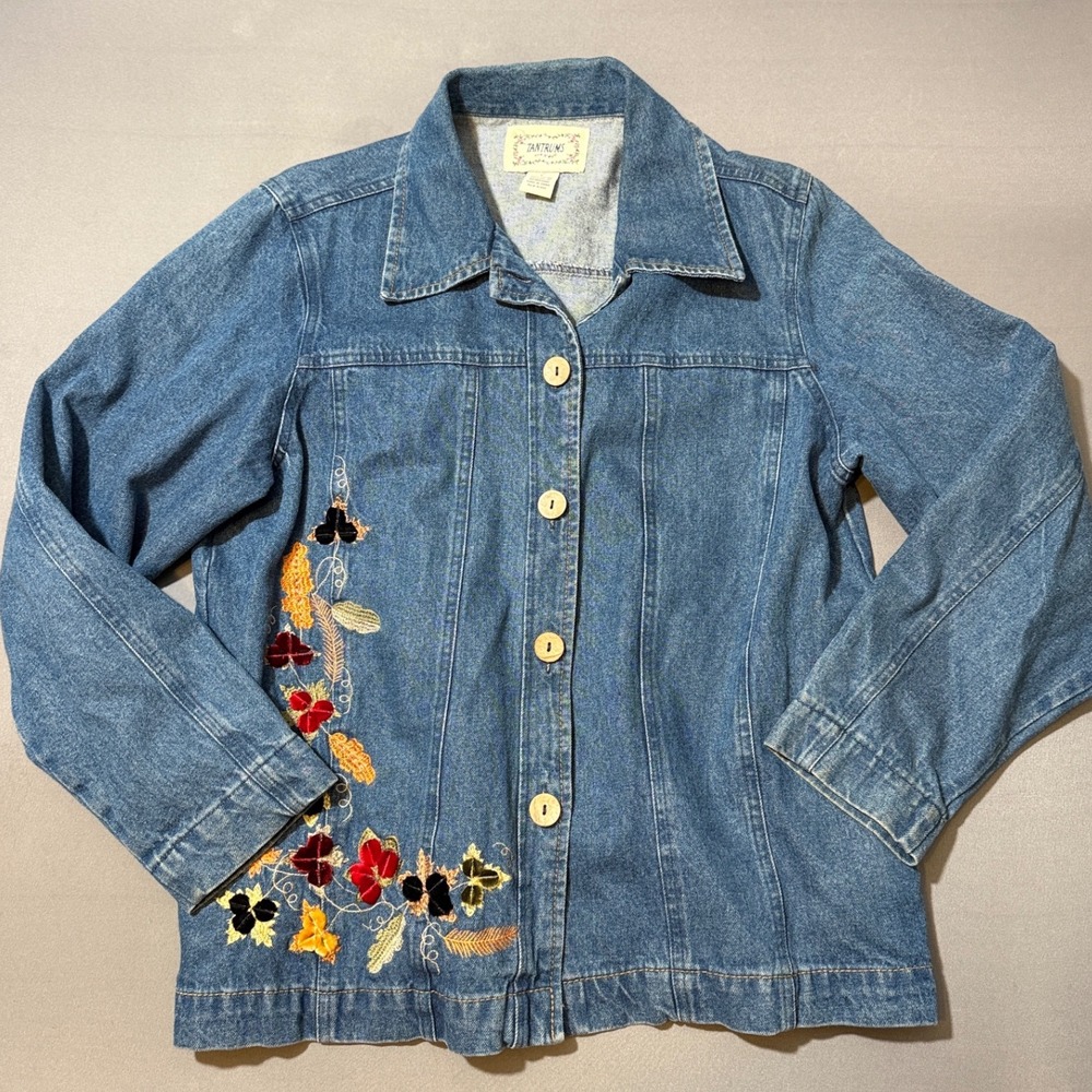 Tantrums Womens Large Denim‎ Jacket Blue Floral Embroidery Button Front Casual